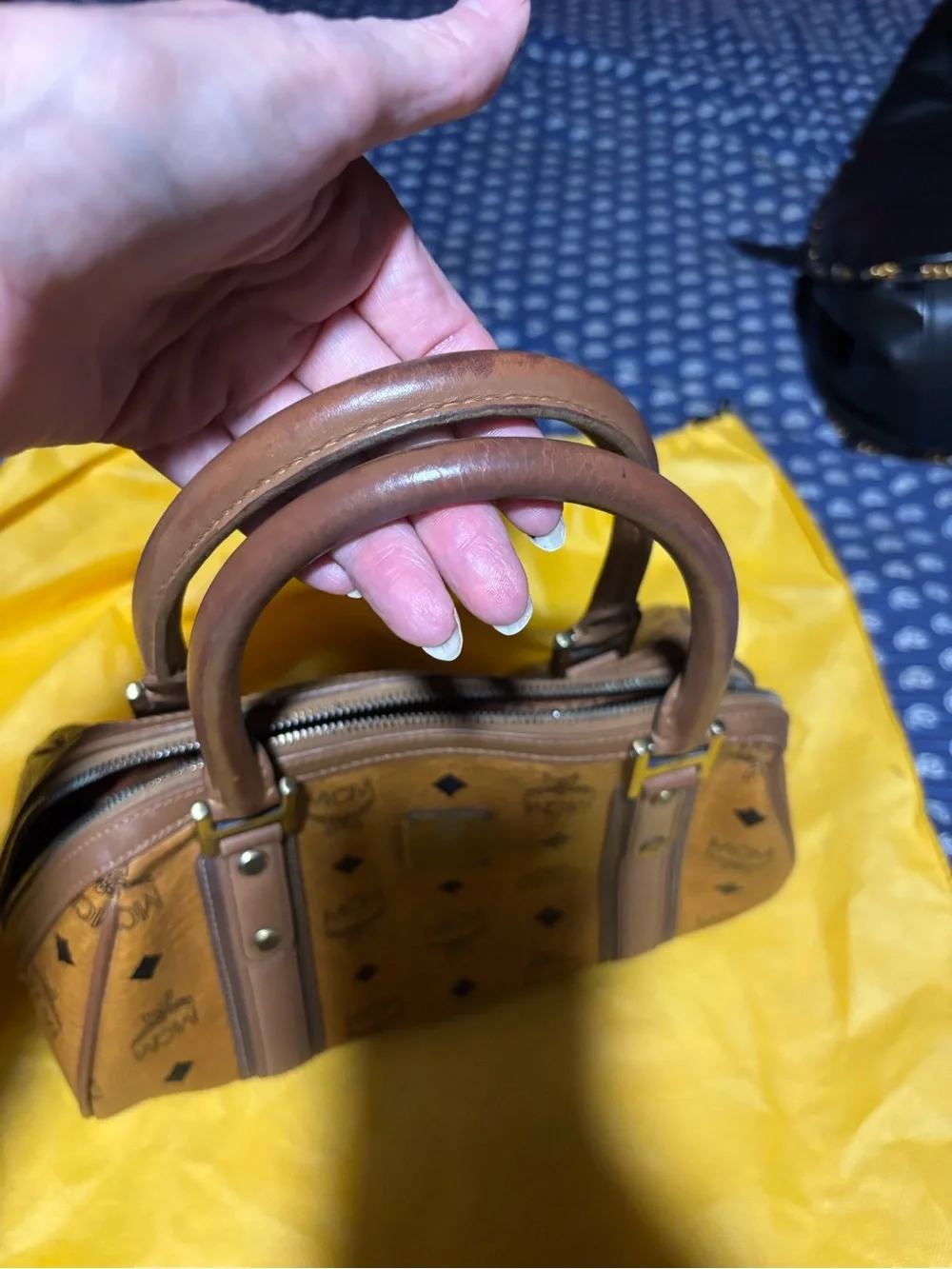 MCM Cognac Monogram Leather Satchel with Gold Hardware